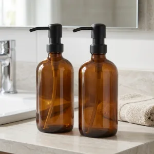 2-delige amberkleurige glazen zeepdispenser met pomp