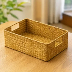 Multifunctionele gevlochten opbergbox, rieten organizer met handgrepen